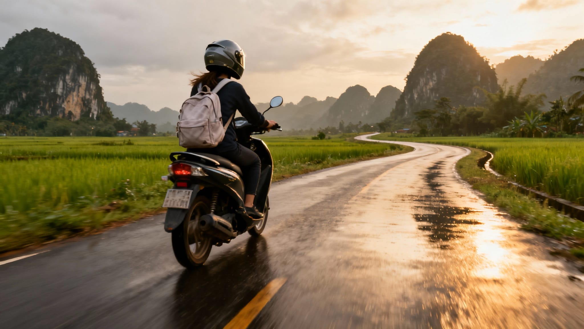 Laos pays dangereux ? Voyageuse casquée sur route rurale