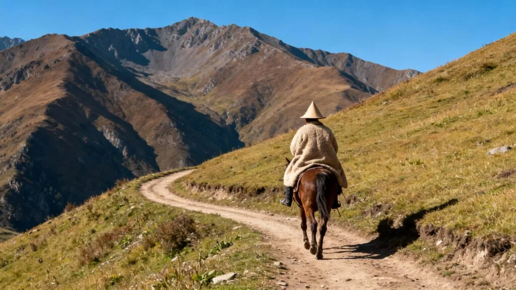 Cavalier basotho sur piste d’altitude, montagnes lointaines
