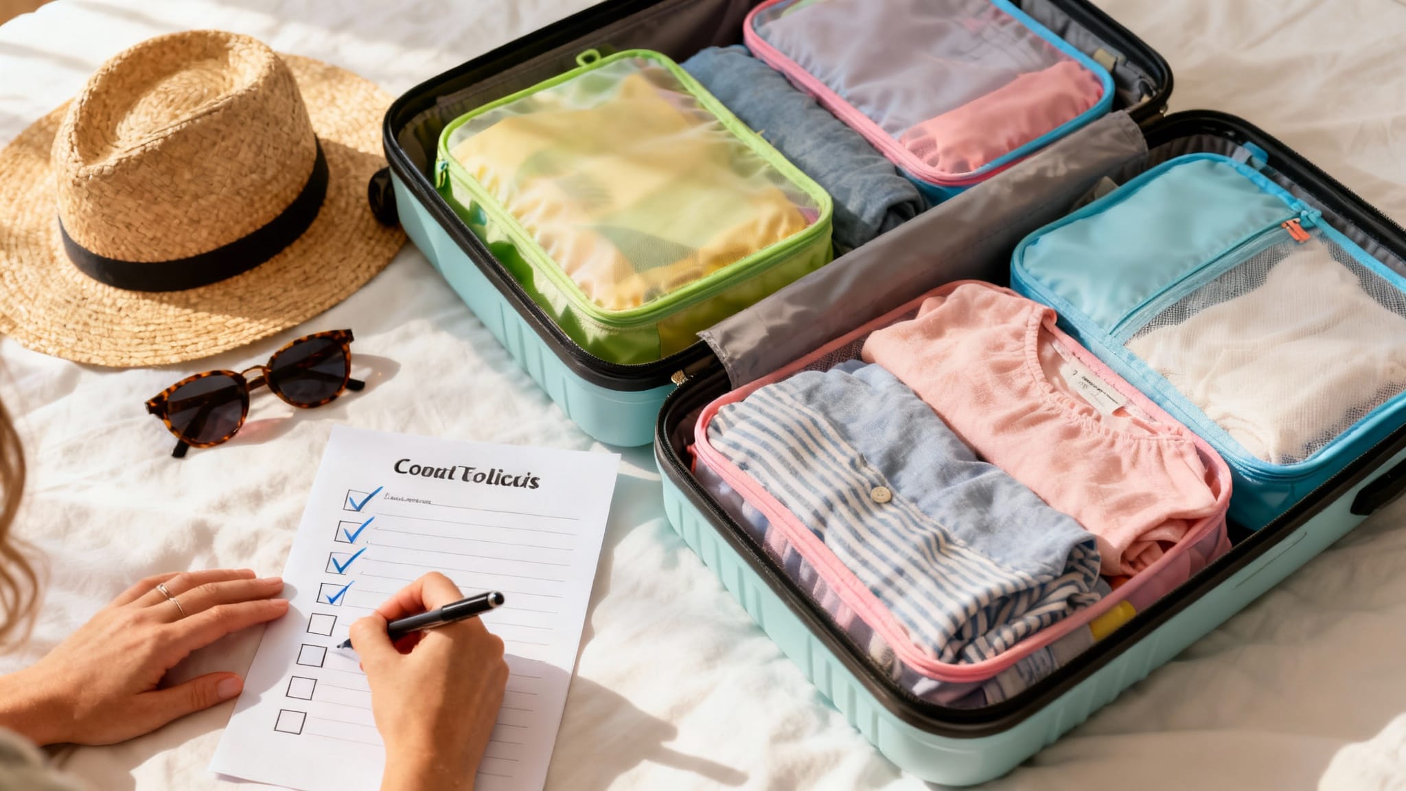 Liste valise vacances imprimée avec valise ouverte