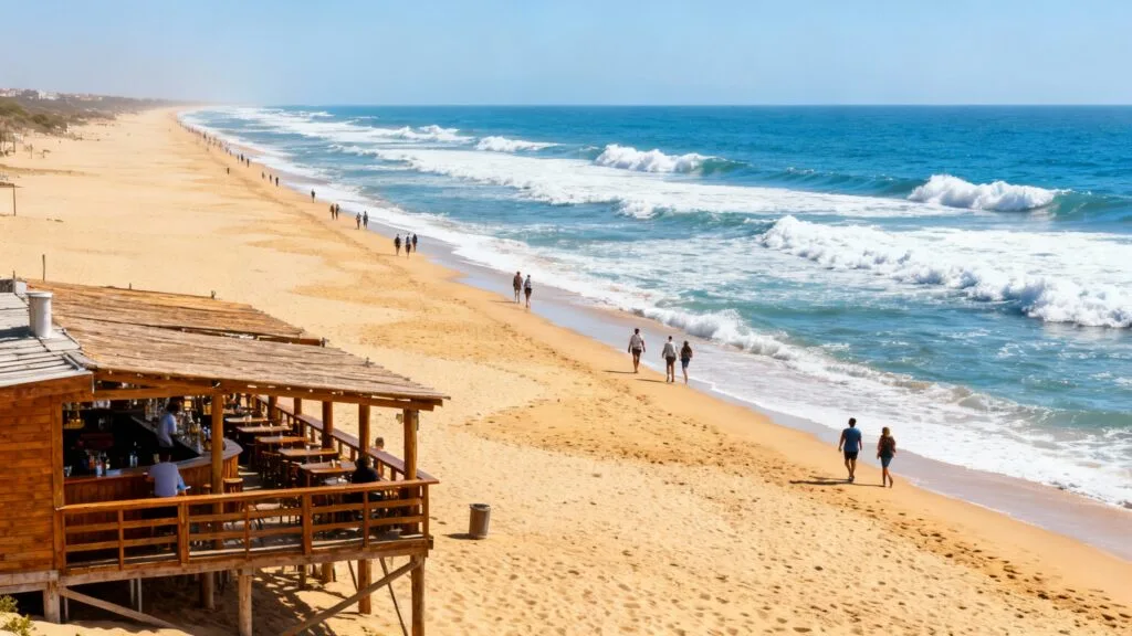 Longue plage avec bars et vagues régulières près de Lisbonne