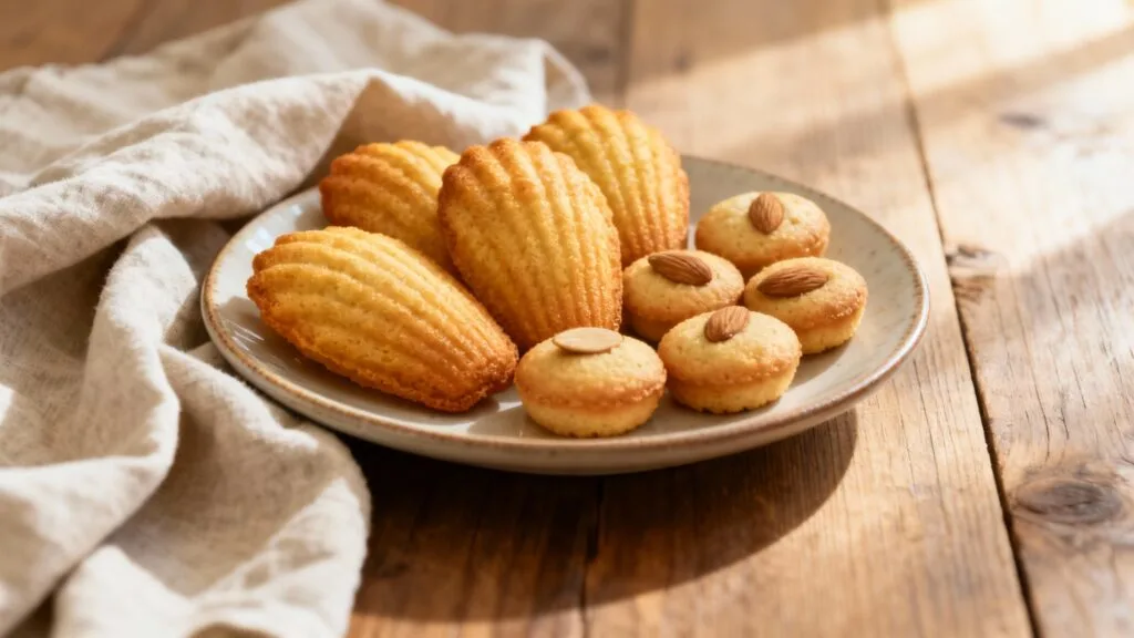Madeleines dorées et visitandines aux amandes sur assiette
