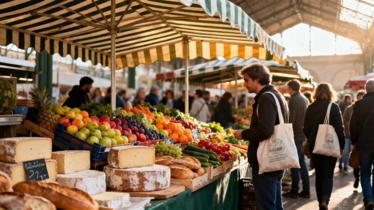 Étals colorés au marché d’Aligre Paris, ambiance matinale