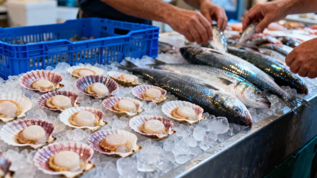 Marché aux poissons de Dieppe avec coquilles Saint‑Jacques