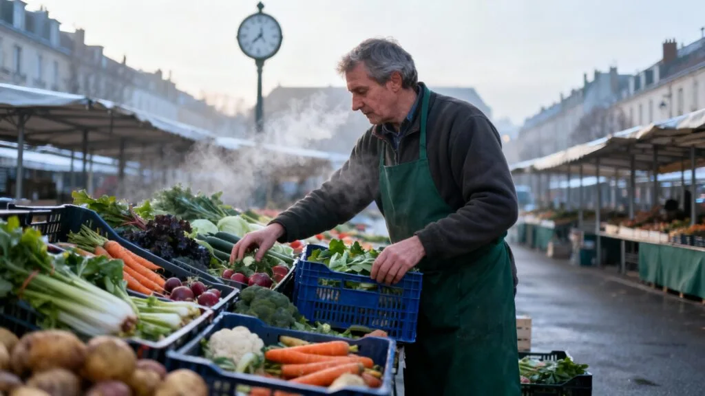 Ouverture du marché de Montbrison, tôt le matin