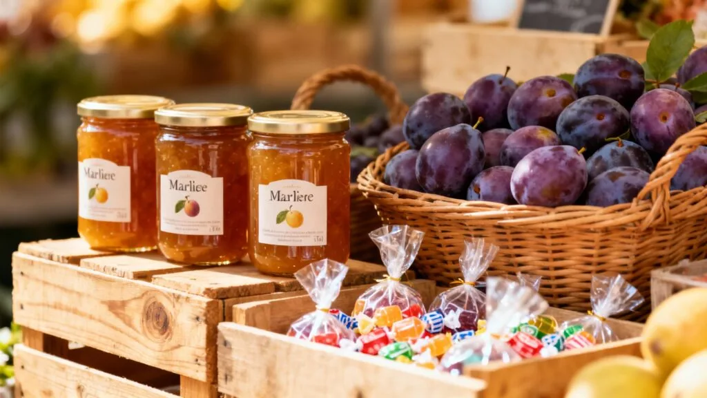 Étal de marché à Nancy avec confitures de mirabelles et confiseries