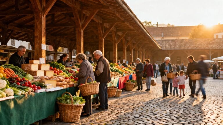 Ambiance du marché de Revel sous une halle, samedi matin