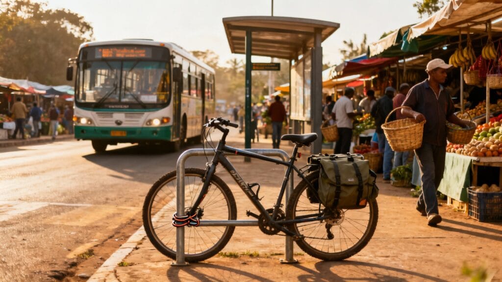 Vélo stationné et bus près d’un marché animé