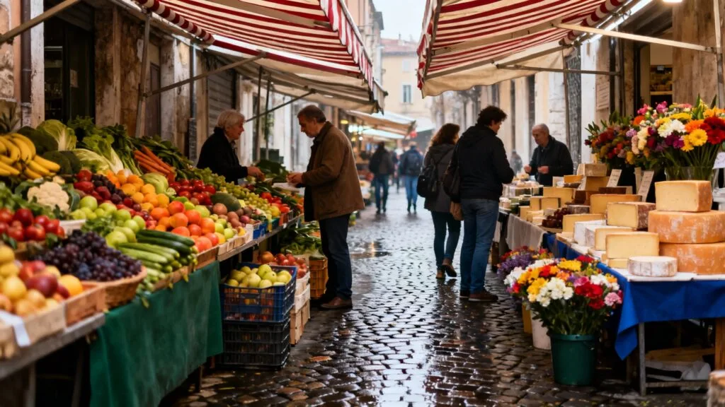 Allée de marché et étals colorés, côté Saint-Gilles et Croix de Vie