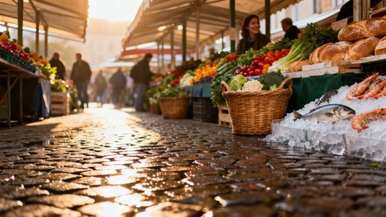 Ambiance matinale au marché de Vannes, étals terre et mer