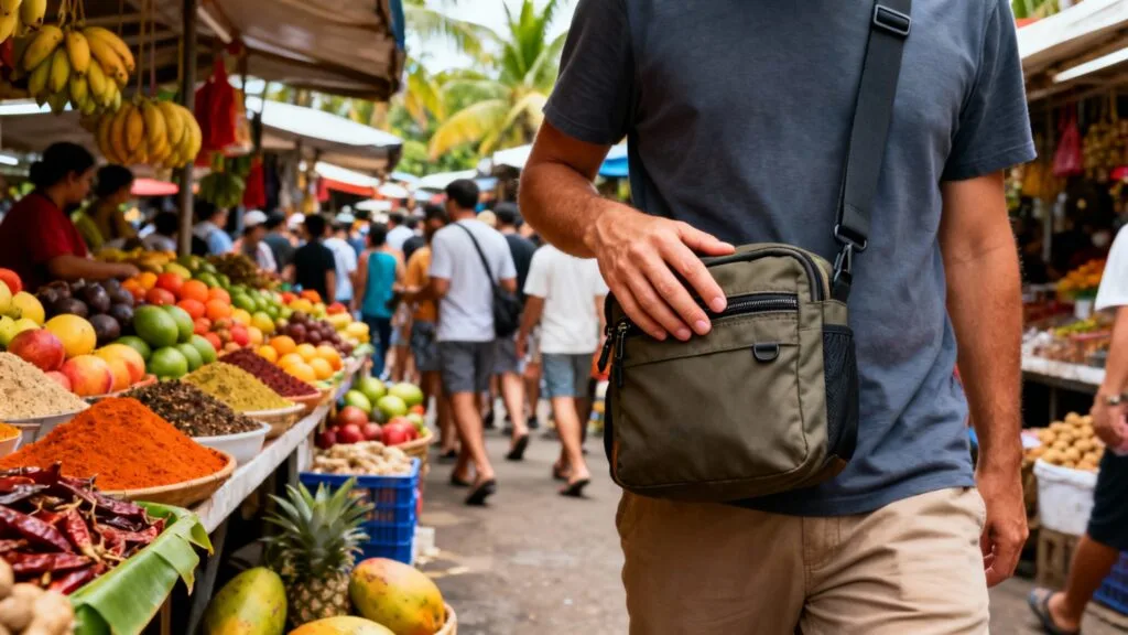 Marché bondé, sac porté devant, vigilance contre les pickpockets