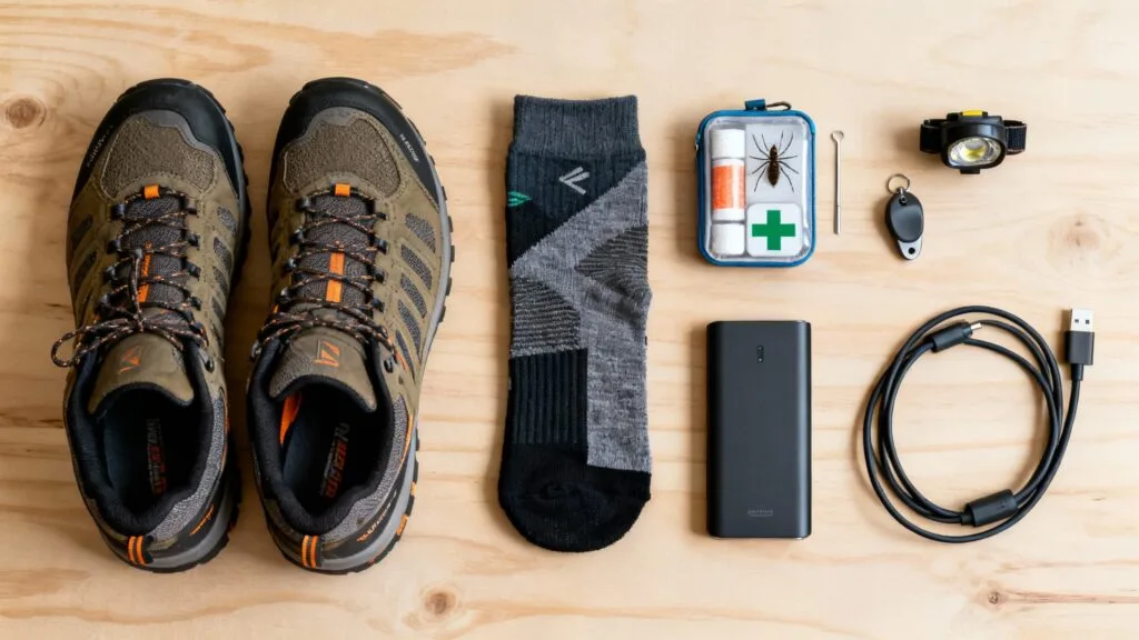 Chaussures, trousse de secours, frontale et powerbank alignés