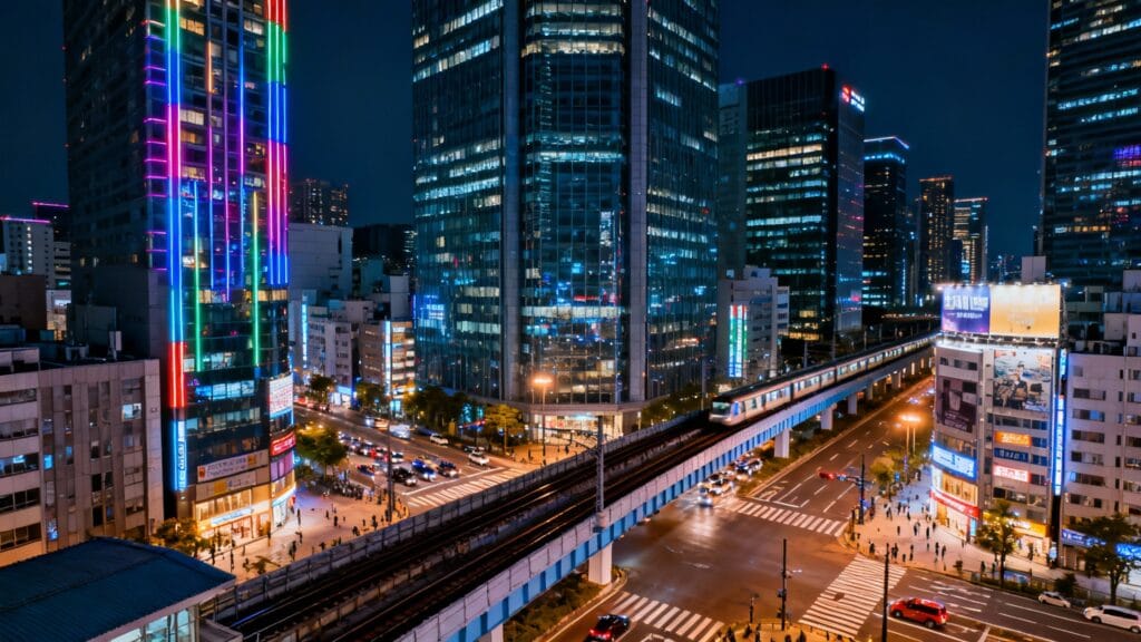 mégapole asiatique nocturne avec néons et gratte-ciels