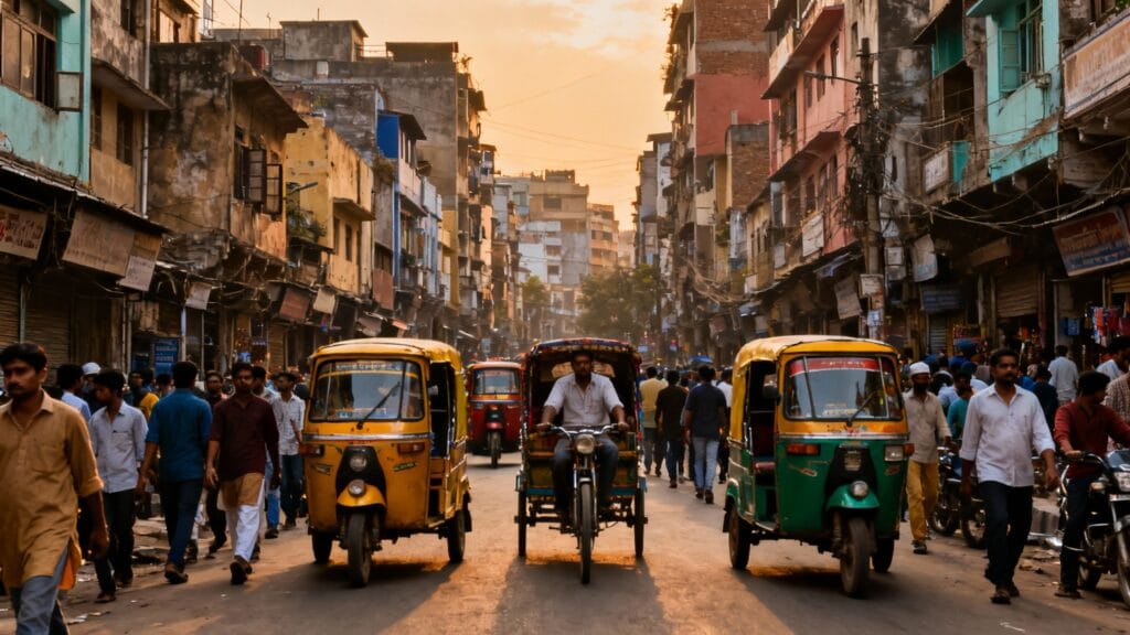 rues encombrées et denses d’une mégapole sud-asiatique