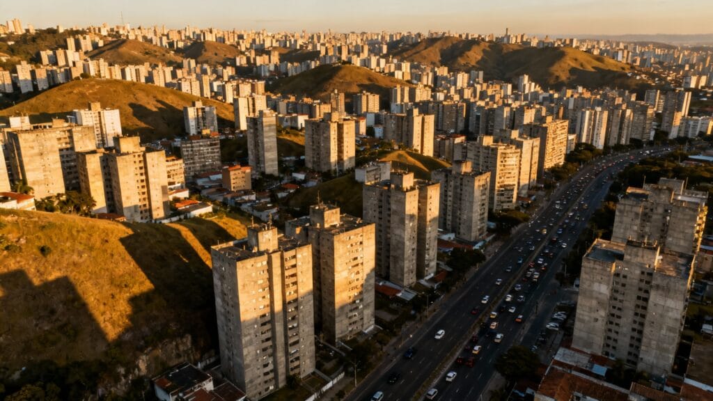 vaste conurbation sud-américaine aux tours serrées sur collines