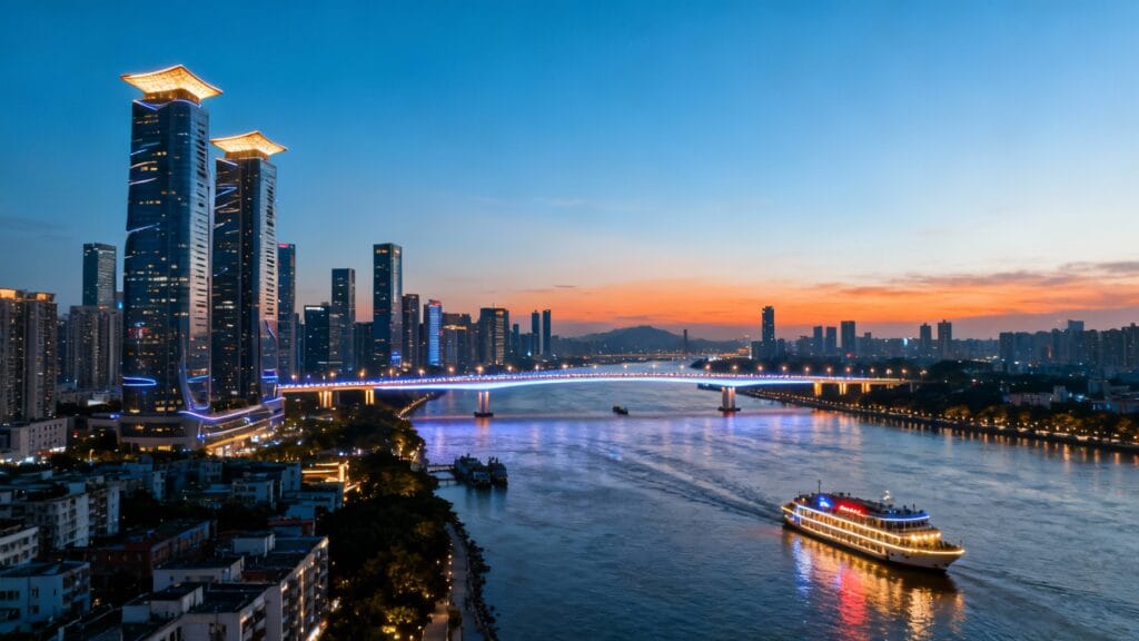 skyline moderne au bord d’un fleuve dans une mégapole asiatique