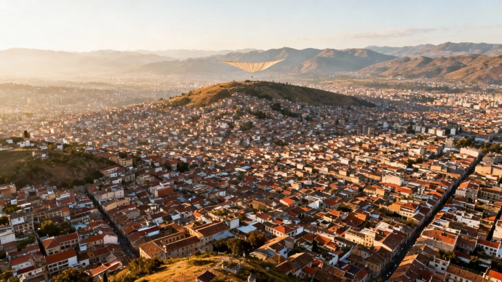 vaste ville sur plateau avec montagnes en arrière-plan