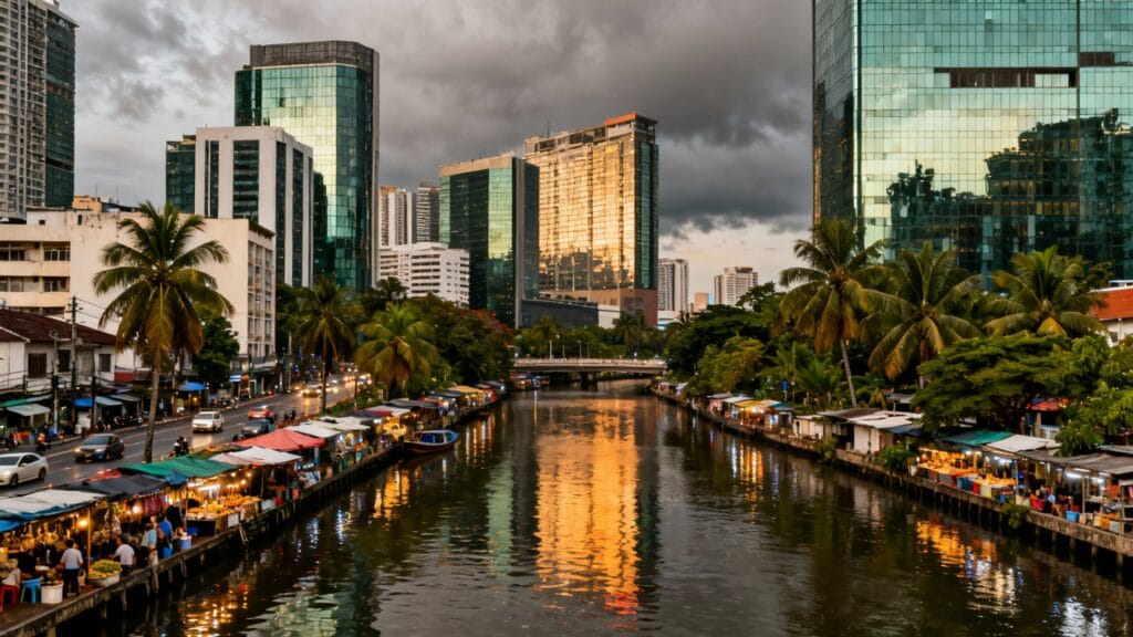 mégapole tropicale avec canaux urbains et tours modernes