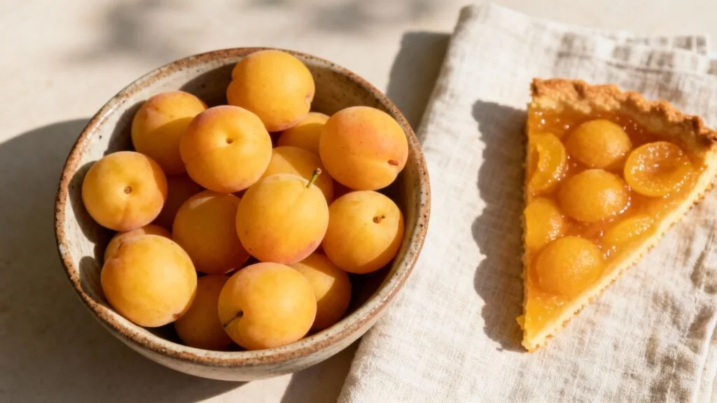 Mirabelles lorraines et part de tarte dorée sur nappe