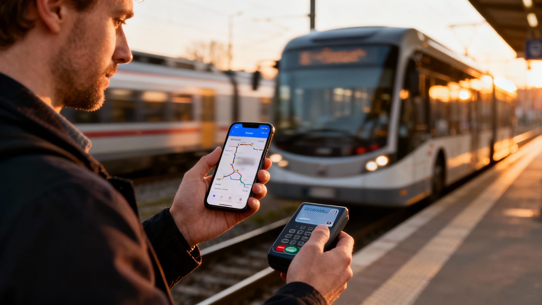 Voyageur utilisant Oùra transport avec carte et smartphone