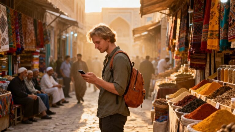 Voyageuse prudente dans un bazar, sécurité en Ouzbékistan