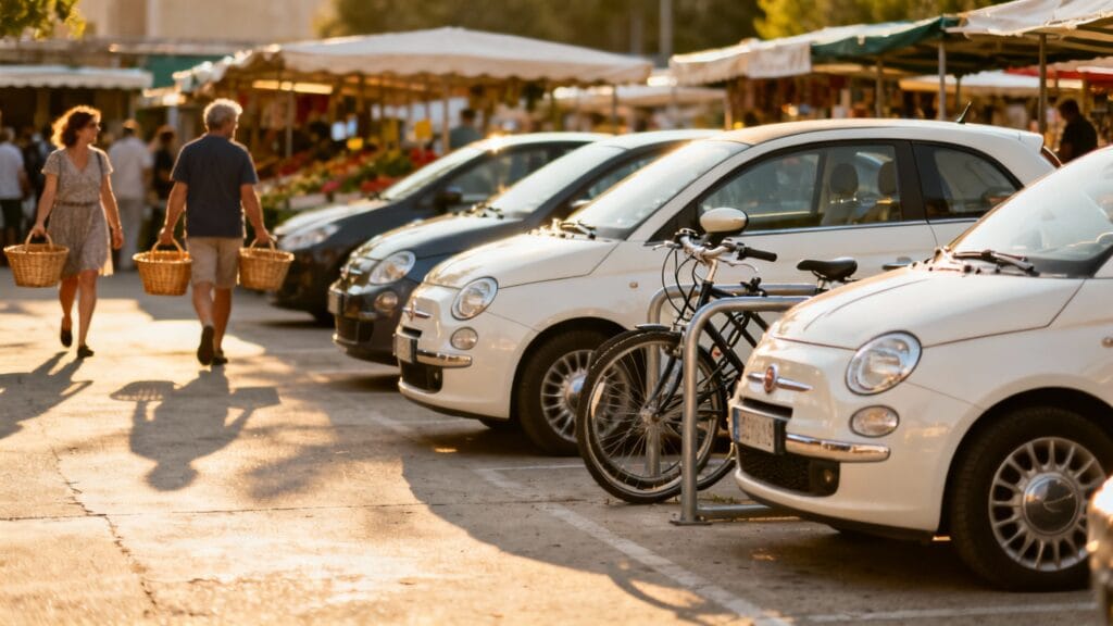 Parking marché et vélos, accès PMR et familles
