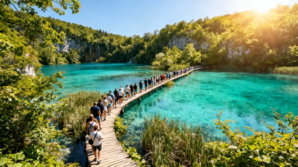 Passerelle de parc naturel surfréquentée à midi