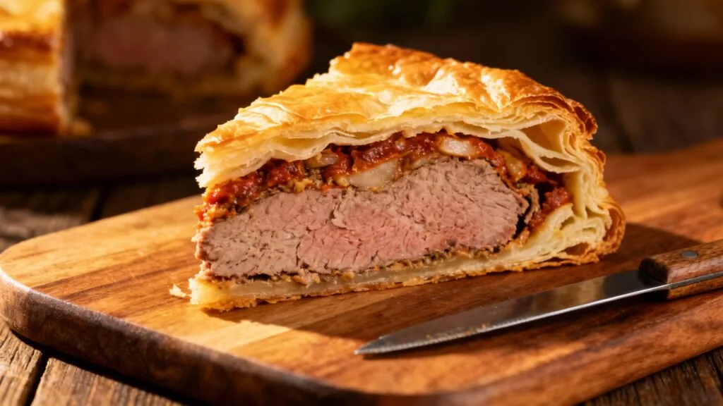 Tranche de pâté lorrain, feuilletage doré et farce marinée