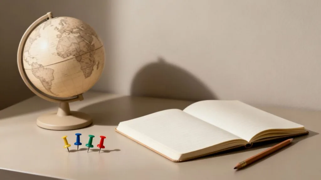 Globe, épingles et carnet pour pays en v