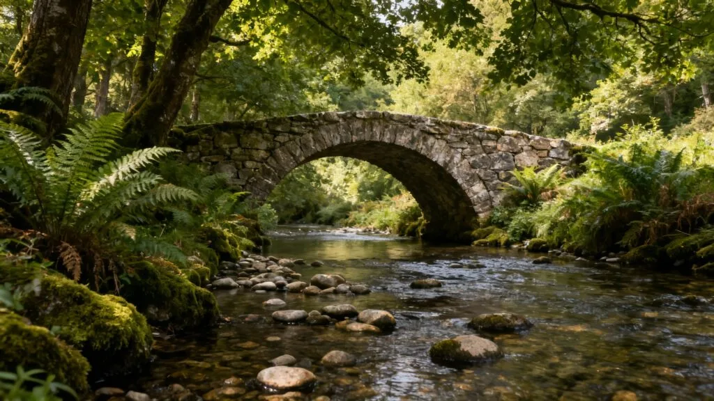 Petit pont en pierre sur un ruisseau forestier