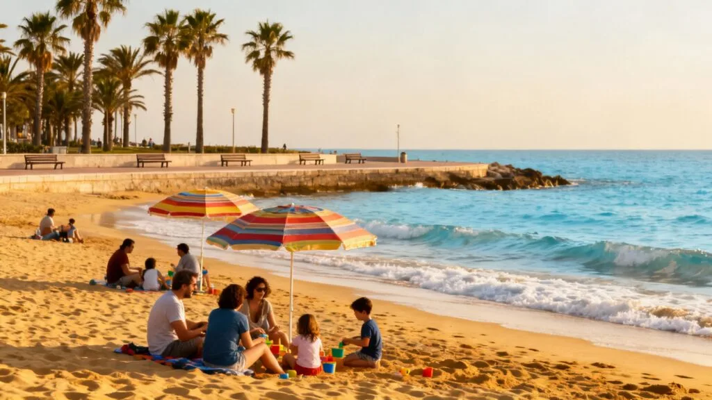 Plage familiale près de Lisbonne avec eau calme et parasols