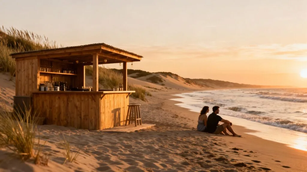 Plage au coucher de soleil avec dunes et bar en bois près de Lisbonne