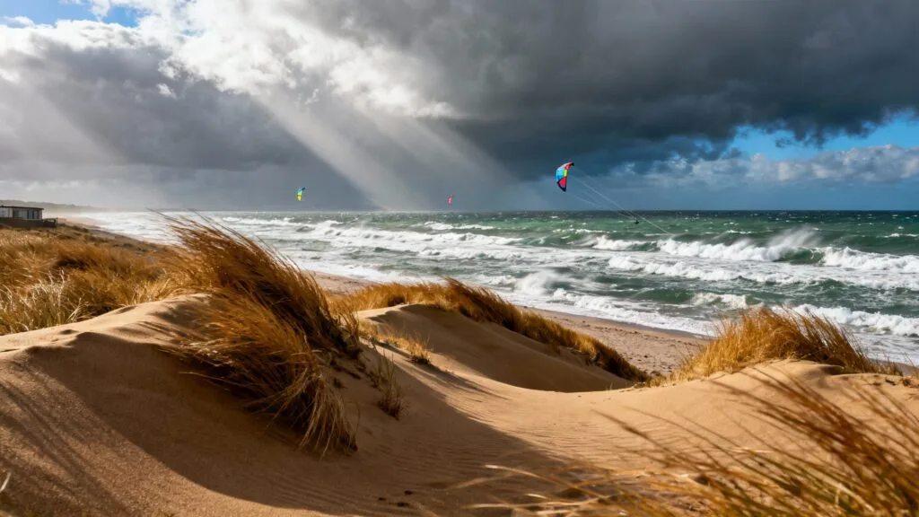 Plage sauvage ventée avec dunes et vagues près de Lisbonne