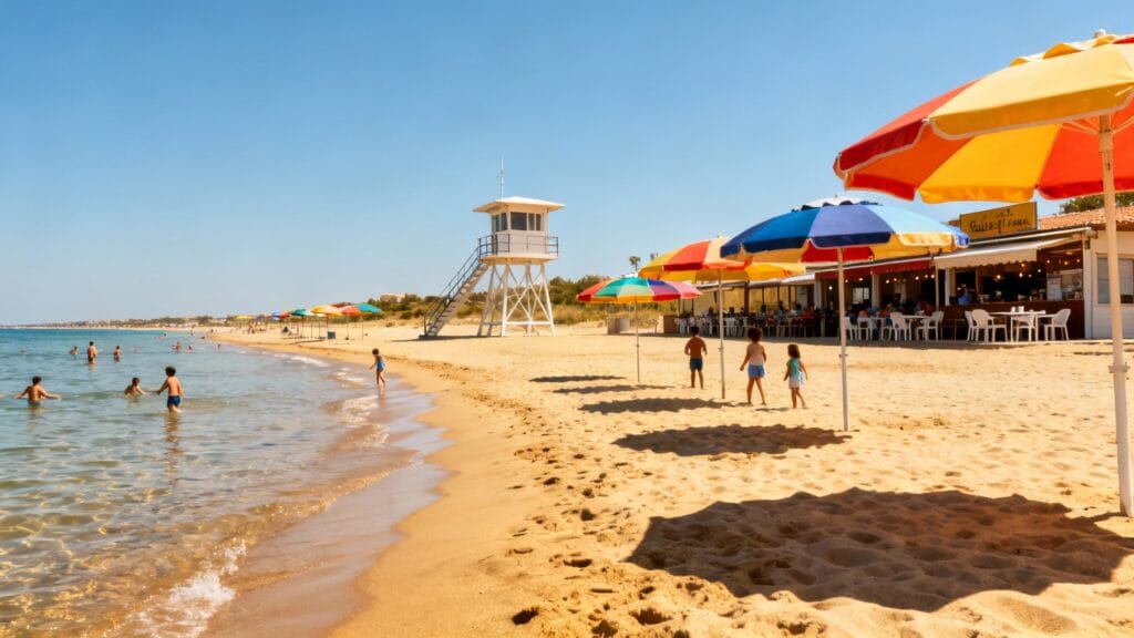 plage familiale aménagée, mer Noire plus houleuse