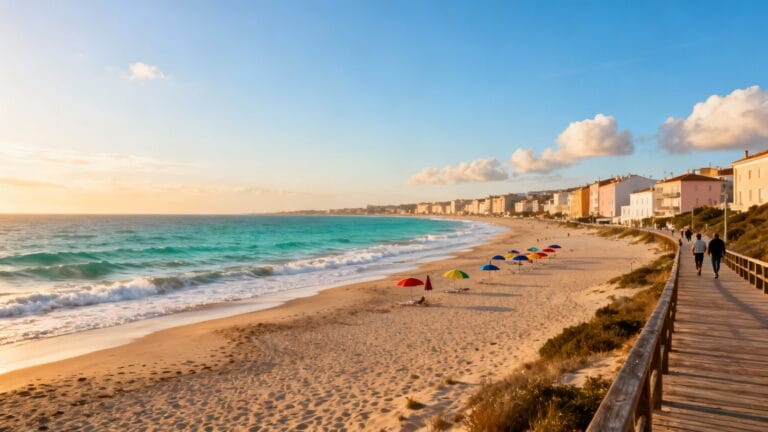 Panorama d’une plage Lisbonne avec sable doré et eau turquoise