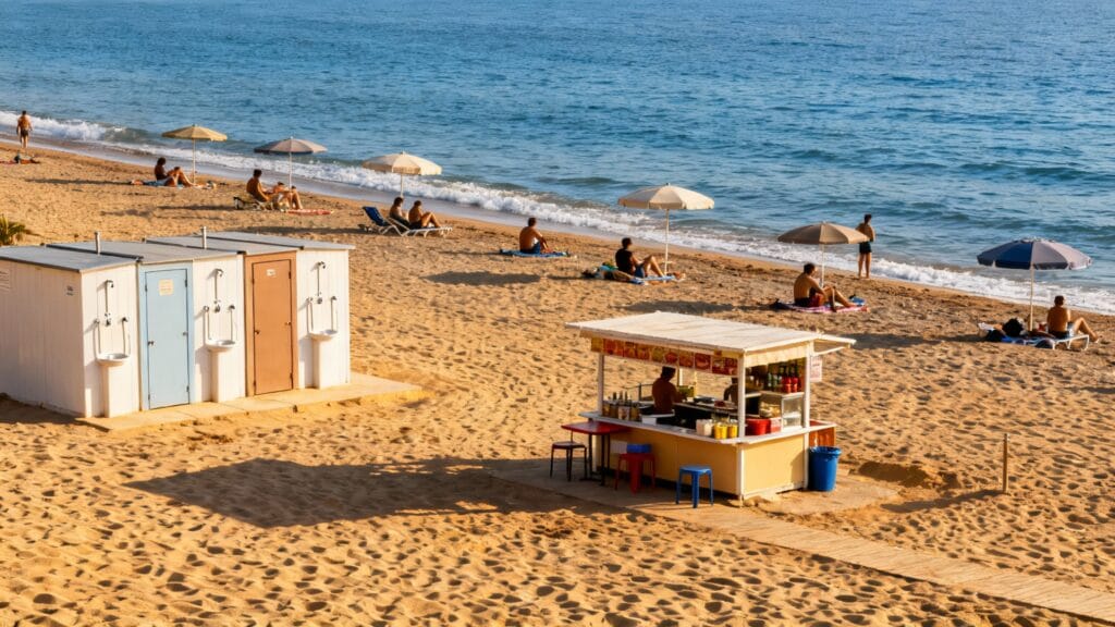 plage municipale simple, douches et WC disponibles