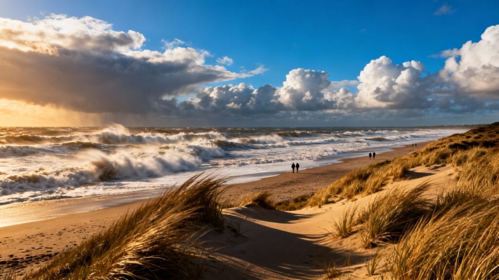 plage sauvage avec dunes et vagues puissantes
