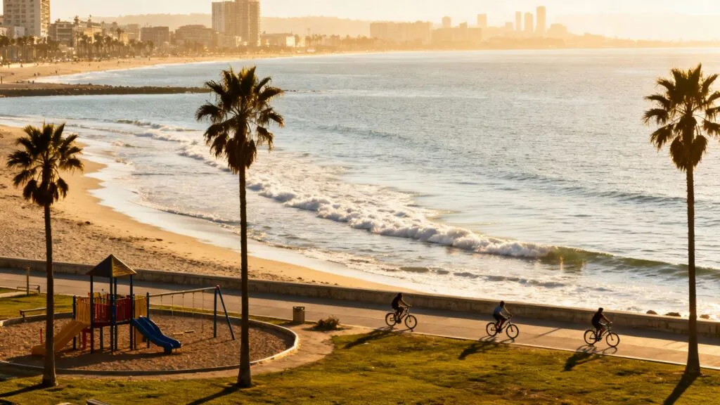 Plage urbaine calme près de Lisbonne avec promenade verdoyante