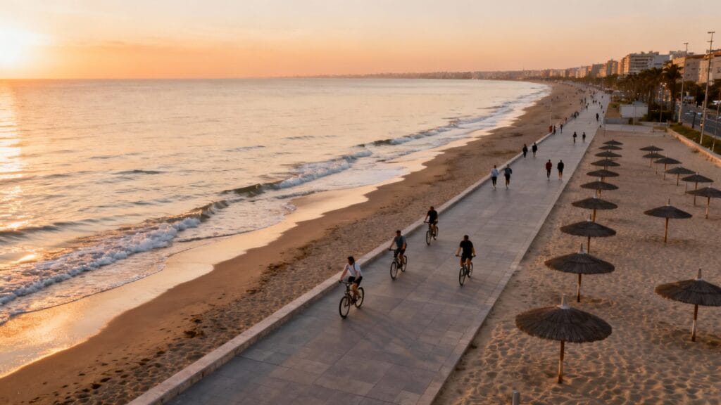 plage urbaine calme, promenade et cyclistes