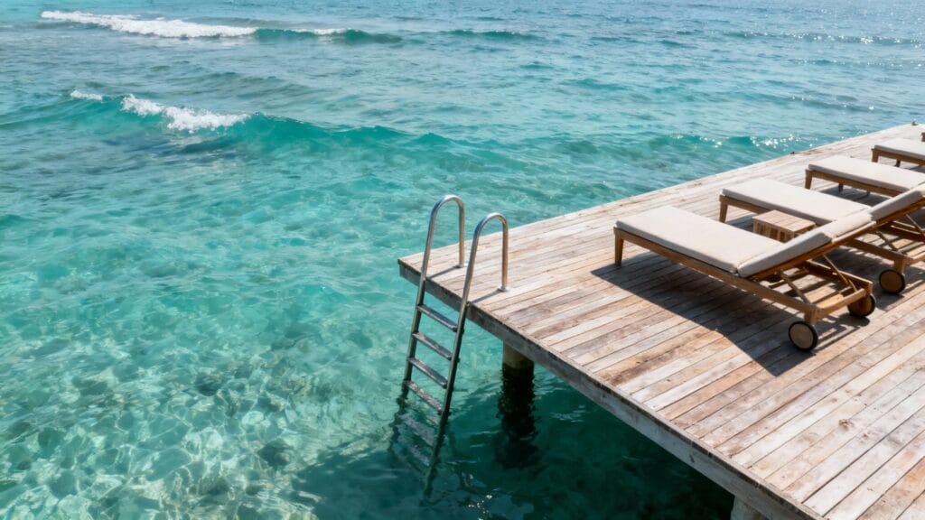 plateforme bois et eau turquoise, ambiance farniente