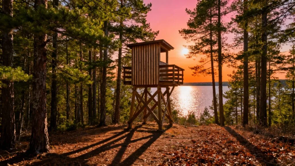 Plateforme en bois dominant un lac de montagne