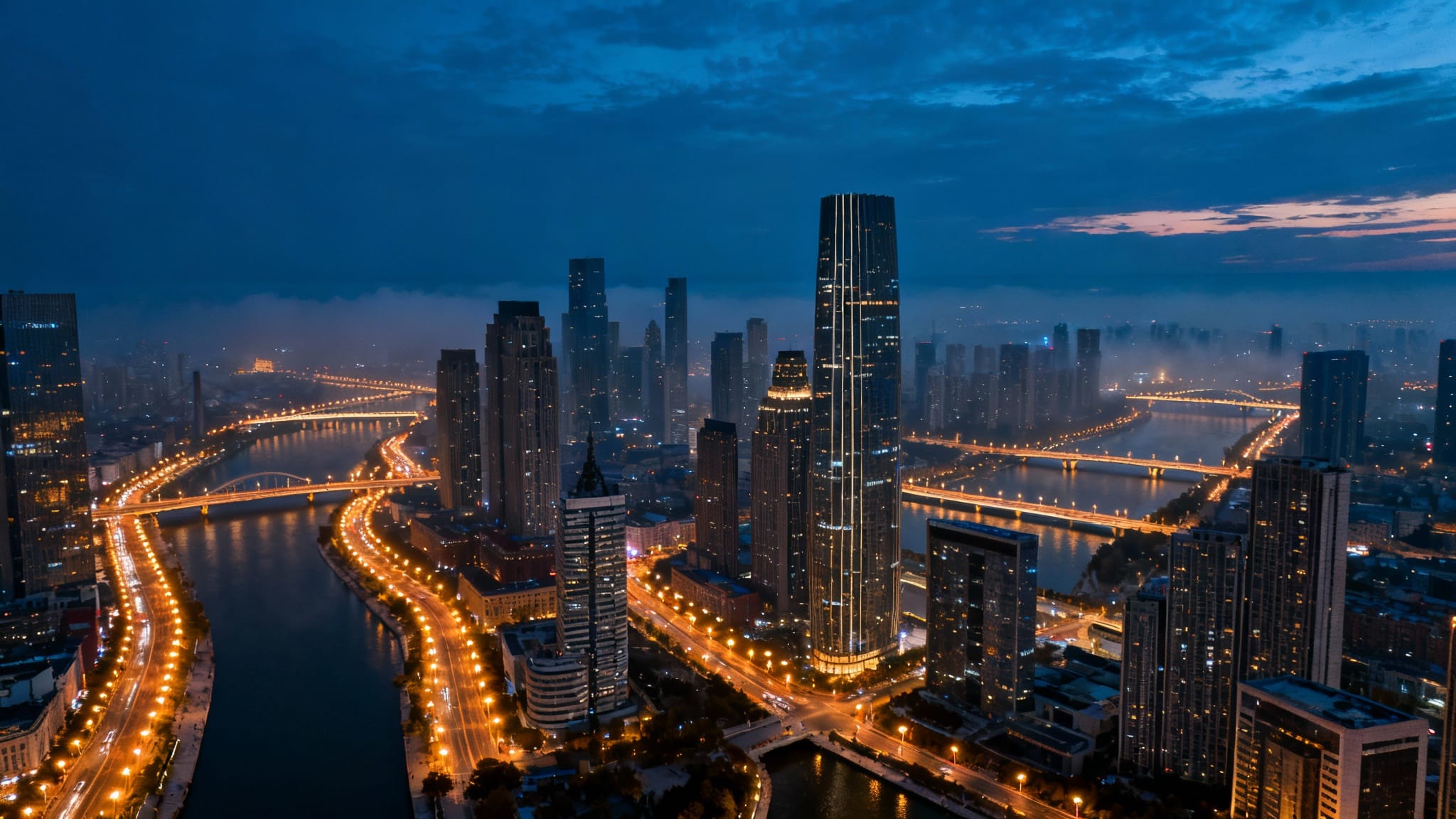 panorama d’une mégapole mondiale au crépuscule, skyline lumineuse