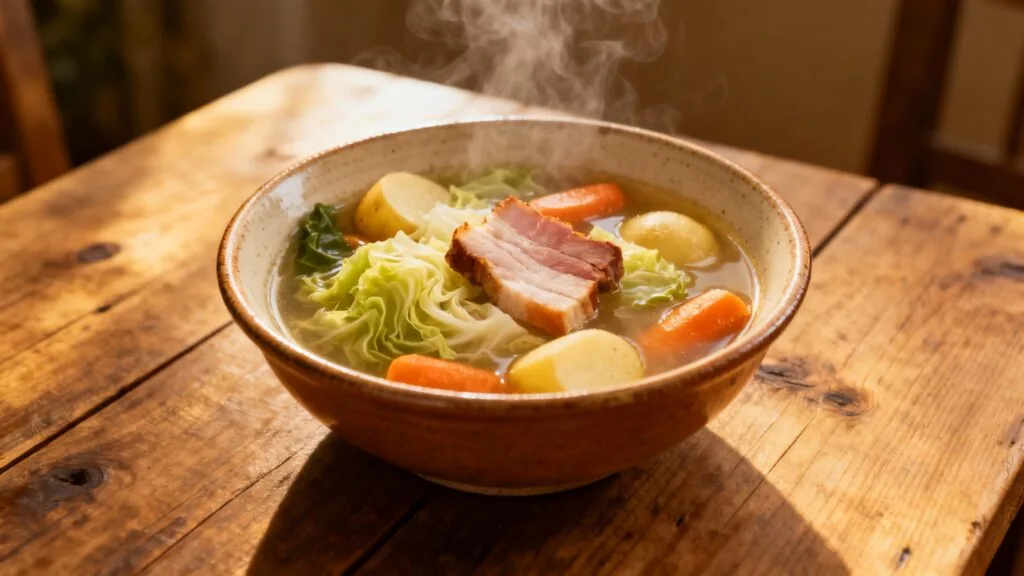 Potée lorraine fumante avec chou, légumes et porc salé