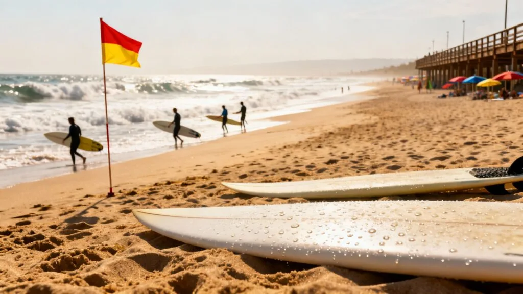 Grande plage près de Lisbonne avec surfeurs et drapeau de baignade