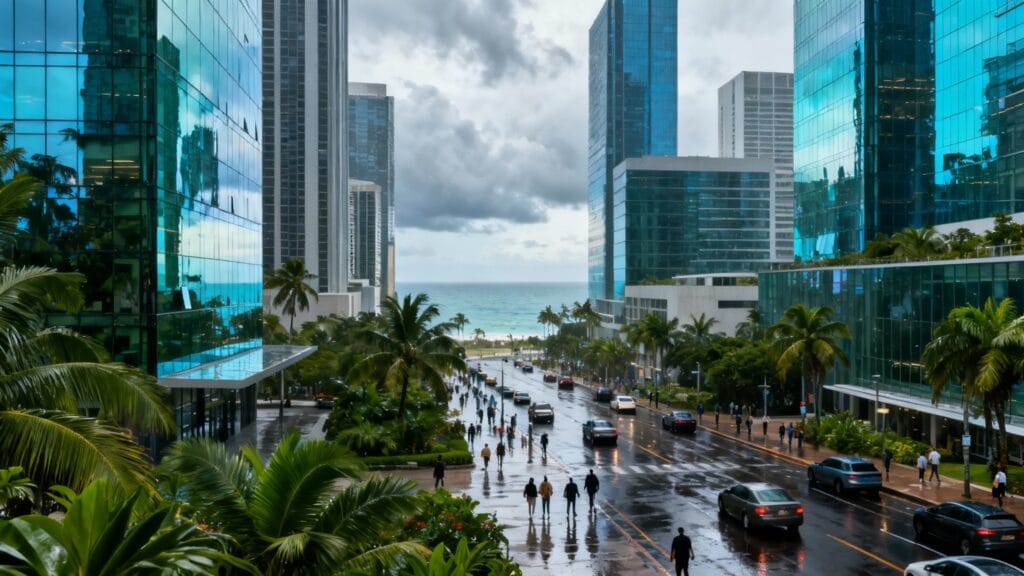 quartier d’affaires tropical animé avec vue lointaine sur la mer