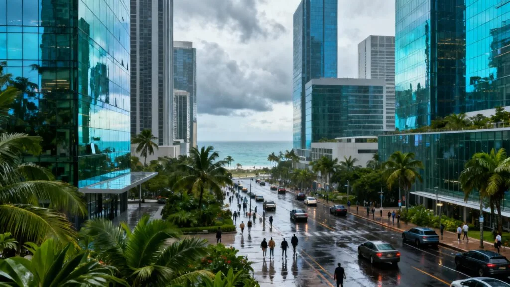 quartier d’affaires tropical animé avec vue lointaine sur la mer