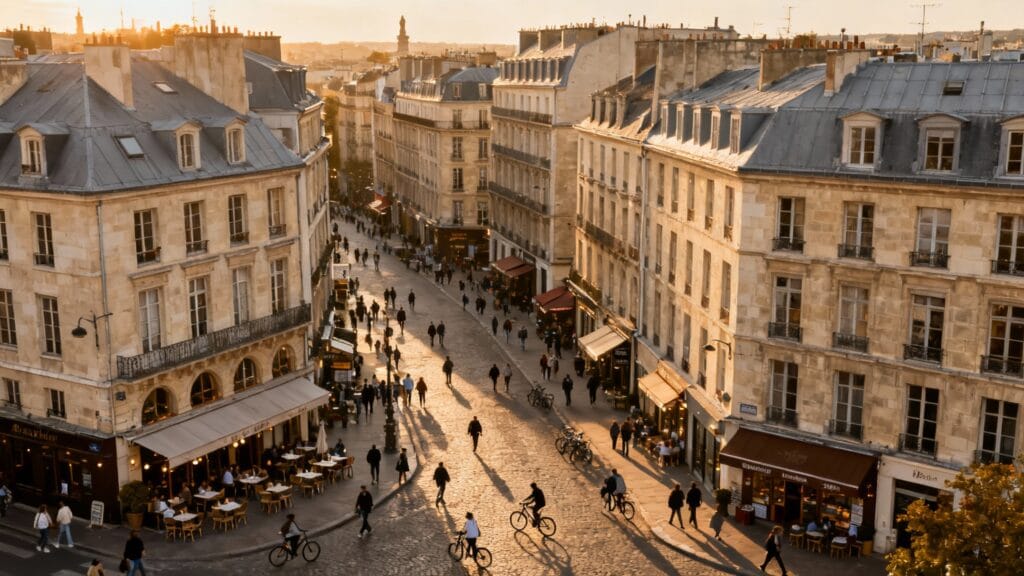 Quartier dense d’une grande ville européenne, ambiance animée