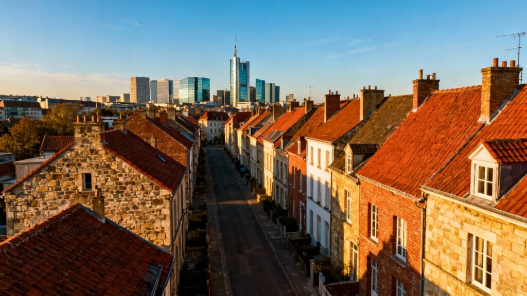 Quartier européen mêlant habitat ancien et tours modernes