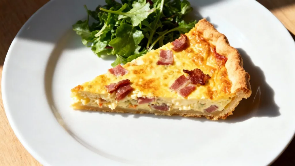 Quiche lorraine traditionnelle avec lardons et salade verte