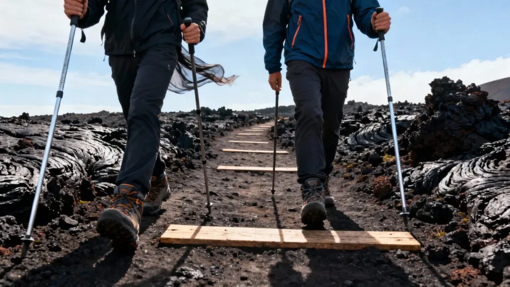 Randonneurs équipés sur terrain volcanique balisé