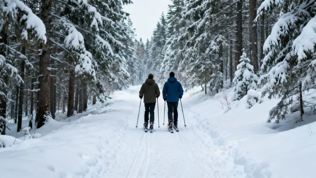 Randonnée en raquettes dans une forêt de sapins